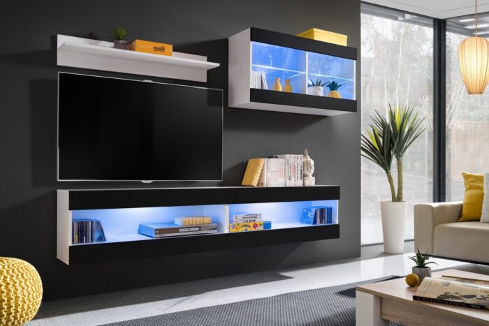 Komodee, Zestaw, Meblościanka, Tivoli SET6, Biały/Czarny, Szerokość 200cm x Wysokość 195cm x Głębokość 35cm, LED Niebieskie, do Salonu, Sypialni - obrazek 2