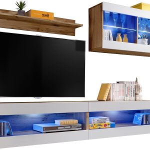 Komodee, Zestaw, Meblościanka, Tivoli SET6, Wotan/Biały, Szerokość 200cm x Wysokość 195cm x Głębokość 35cm, LED Niebieskie, do Salonu, Sypialni