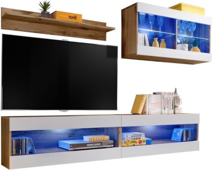Komodee, Zestaw, Meblościanka, Tivoli SET6, Wotan/Biały, Szerokość 200cm x Wysokość 195cm x Głębokość 35cm, LED Niebieskie, do Salonu, Sypialni