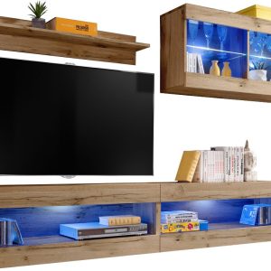 Komodee, Zestaw, Meblościanka, Tivoli SET6, Wotan/Wotan, Szerokość 200cm x Wysokość 195cm x Głębokość 35cm, LED Niebieskie, do Salonu, Sypialni