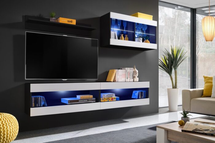 Komodee, Zestaw, Meblościanka, Tivoli SET6, Czarny/Biały, Szerokość 200cm x Wysokość 195cm x Głębokość 35cm, LED Niebieskie, do Salonu, Sypialni - obrazek 2
