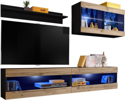 Komodee, Zestaw, Meblościanka, Tivoli SET6, Czarny/Wotan, Szerokość 200cm x Wysokość 195cm x Głębokość 35cm, LED Niebieskie, do Salonu, Sypialni