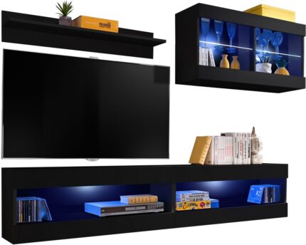 Komodee, Zestaw, Meblościanka, Tivoli SET6, Czarny/Czarny, Szerokość 200cm x Wysokość 195cm x Głębokość 35cm, LED Niebieskie, do Salonu, Sypialni