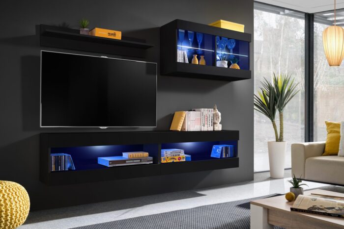 Komodee, Zestaw, Meblościanka, Tivoli SET6, Czarny/Czarny, Szerokość 200cm x Wysokość 195cm x Głębokość 35cm, LED Niebieskie, do Salonu, Sypialni - obrazek 2