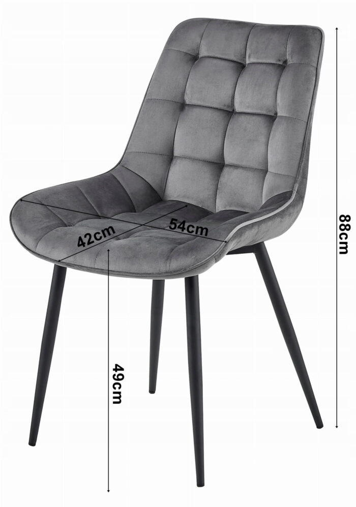 Krzesło BARDI jasnoszare tapicerowane welurem, czarne metalowe nogi, do salonu, sypialni, jadalni, wymiary 54x88x60 cm, obciążenie 110 kg - obrazek 2