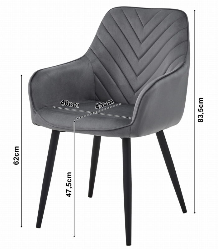 Krzesło NEMI czarne welurowe tapicerowane z podłokietnikami metalowe nogi, wymiary 54x84x61 cm, do salonu, kuchni, jadalni, obciążenie do 110 kg - obrazek 3