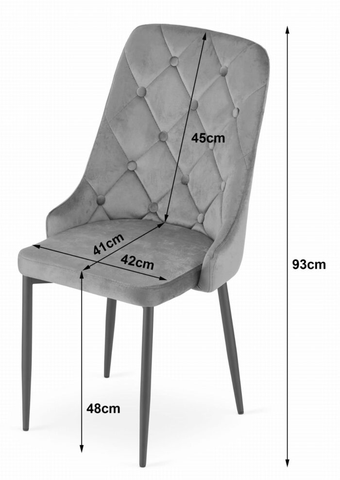 Krzesło AGNONE czarne welurowe tapicerowane z regulowanymi stopkami, metalowe nogi, wymiary 48x93x56 cm, do salonu, biura, 2 sztuki - obrazek 3