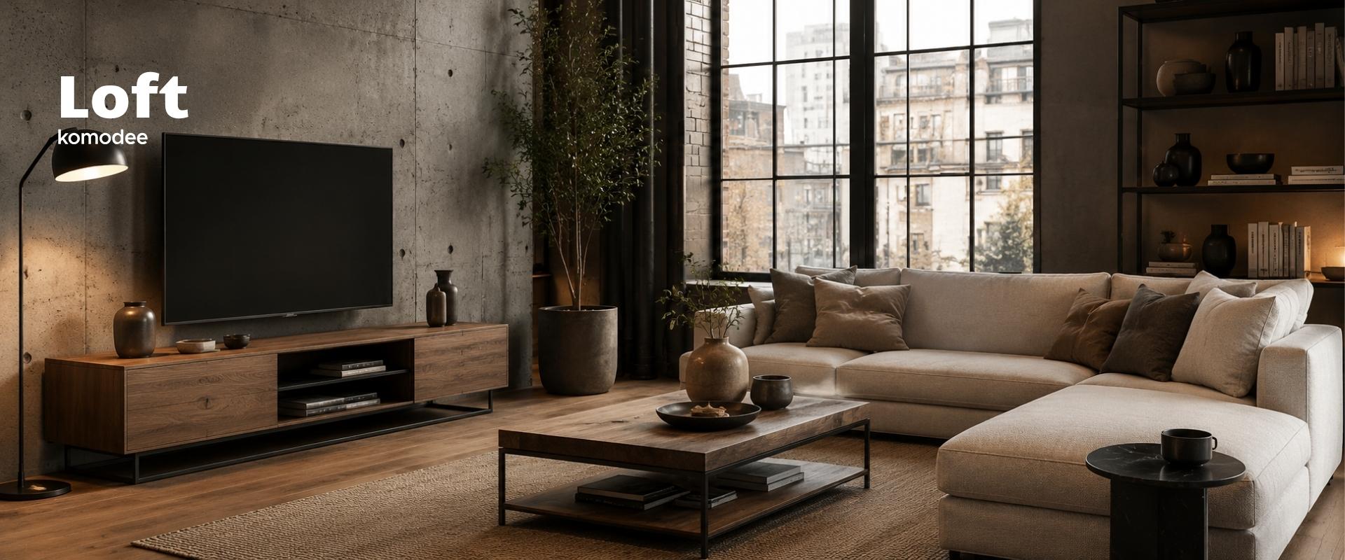 Salon w stylu loft z czernią, drewnem, betonem i industrialnymi detalami