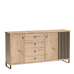 Komoda NASKUP - Dąb - Lamele - Szuflady - Metalowe Nogi - 183 x 86 x 41 cm