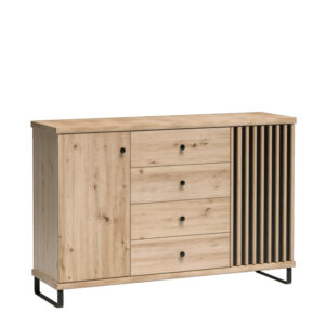 Komoda NASKUP - Dąb - Lamele - Szuflady - Metalowe Nogi - 143 x 86 x 41 cm