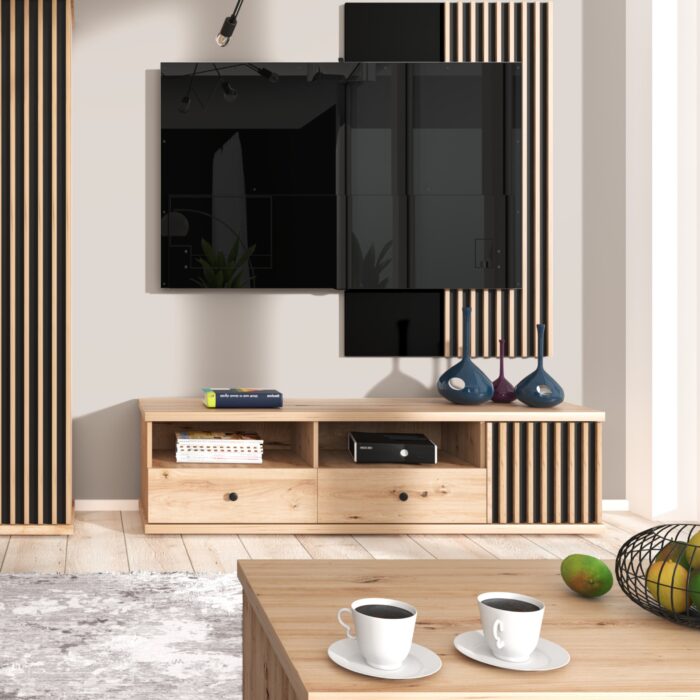 Szafka pod Telewizor NAKUSP - Dąb - Lamele - Szuflady - 161 x 44 x 41 cm - obrazek 2