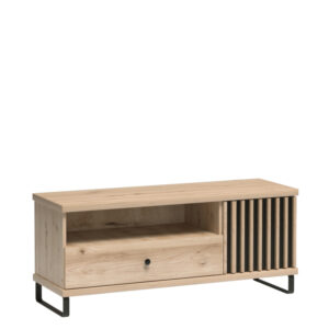 Szafka pod Telewizor NAKUSP - Dąb - Lamele - Szuflada - Metalowe Nogi - 124 x 44 x 41 cm