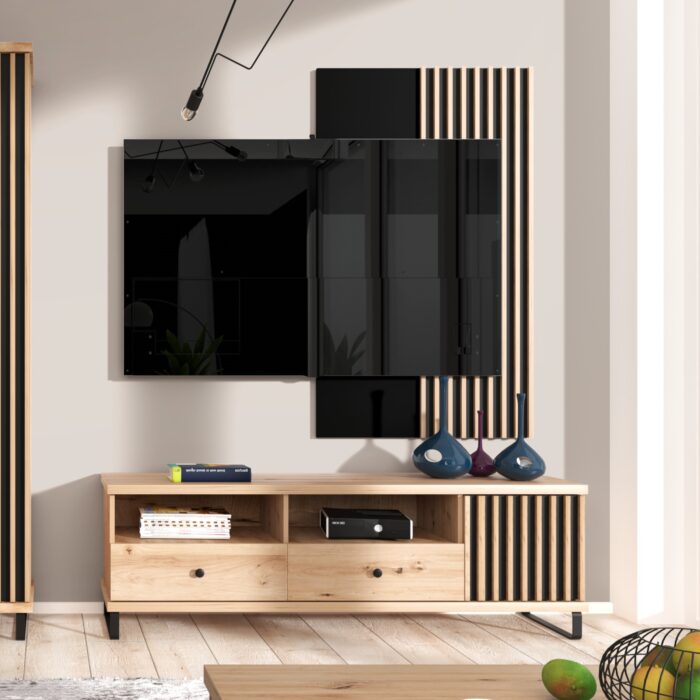 Szafka pod Telewizor NAKUSP - Dąb - Lamele - Szuflada - Metalowe Nogi - 124 x 44 x 41 cm - obrazek 2