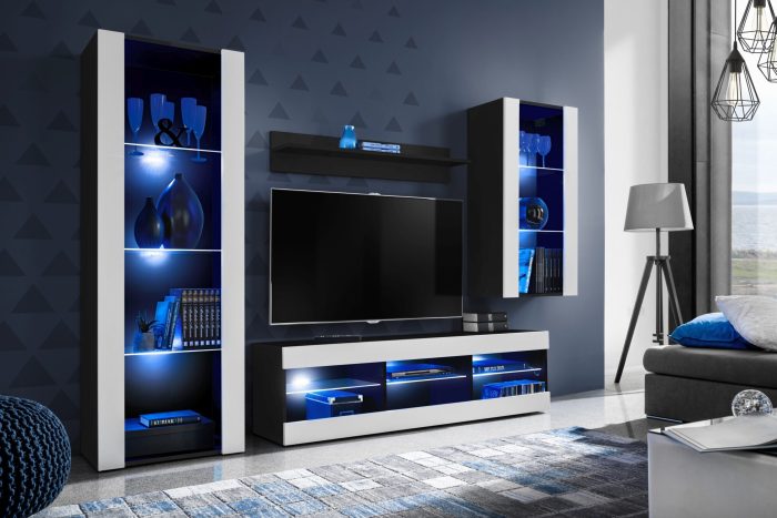 Zestaw Mebli RTV Tivoli Medio, Biały/Czarny Oświetlenie LED Niebieskie - obrazek 2