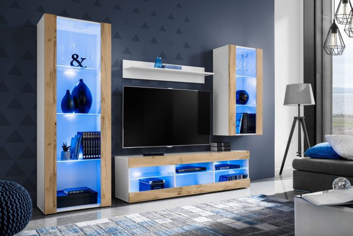 Zestaw Mebli RTV Tivoli Medio, Wotan/Biały Oświetlenie LED Niebieskie - obrazek 2