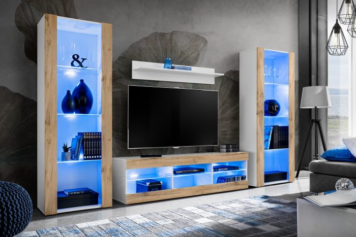 Zestaw Mebli RTV Tivoli Grande, Wotan/Biały Oświetlenie LED Niebieskie - obrazek 2