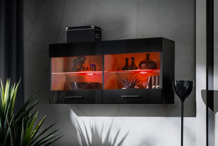 Witryna Półka Wisząca Savona, Czarny/Czarny Oświetlenie LED RGB - obrazek 2