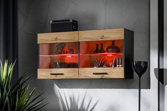 Witryna Półka Wisząca Savona, Wotan/Czarny Oświetlenie LED RGB - obrazek 2