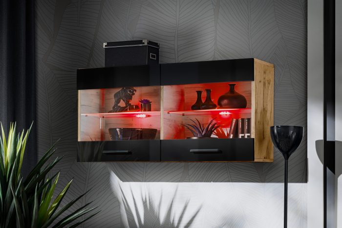 Witryna Półka Wisząca Savona, Czarny/Wotan Oświetlenie LED RGB - obrazek 2