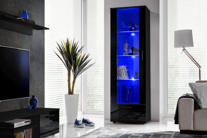 Witryna Stojąca Alessandria, Czarny/Czarny Oświetlenie LED Niebieskie - obrazek 4