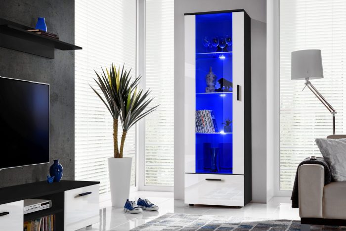 Witryna Stojąca Alessandria, Biały/Czarny Oświetlenie LED Niebieskie - obrazek 4