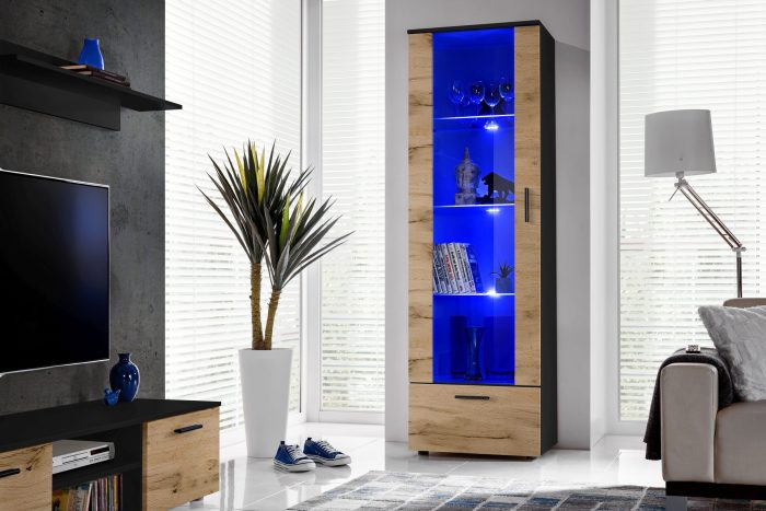 Witryna Stojąca Alessandria, Wotan/Czarny Oświetlenie LED Niebieskie - obrazek 4