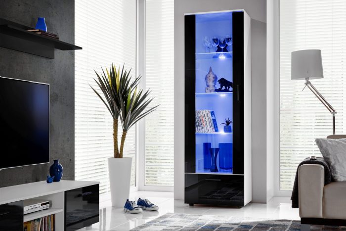 Witryna Stojąca Alessandria, Czarny/Biały Oświetlenie LED Niebieskie - obrazek 4