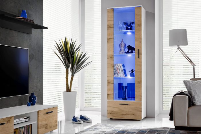 Witryna Stojąca Alessandria, Wotan/Biały Oświetlenie LED Niebieskie - obrazek 4