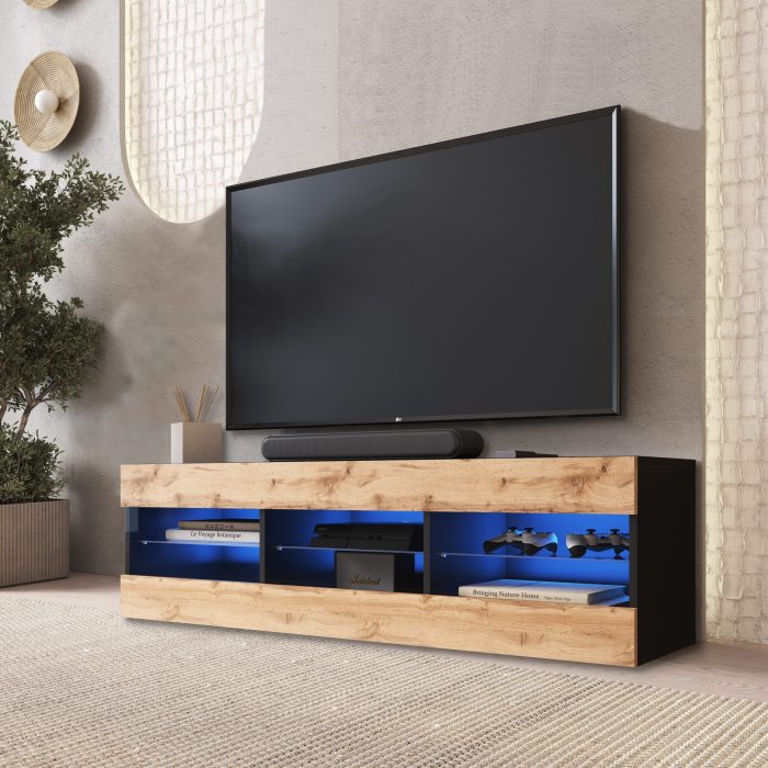 Komodee, Szafka RTV, Tivoli RTV2, Wotan/Czarny, Szerokość 100cm x Wysokość 36cm x Głębokość 35cm, LED Niebieskie, do Salonu, Sypialni - obrazek 2