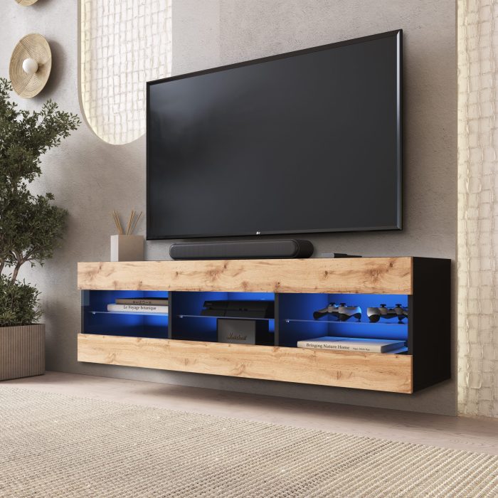 Komodee, Szafka RTV, Tivoli RTV2, Wotan/Czarny, Szerokość 100cm x Wysokość 36cm x Głębokość 35cm, LED Niebieskie, do Salonu, Sypialni - obrazek 3