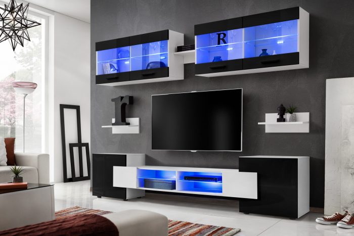 Zestaw Mebli RTV Foggia, Czarny/Biały Oświetlenie LED Niebieskie - obrazek 2