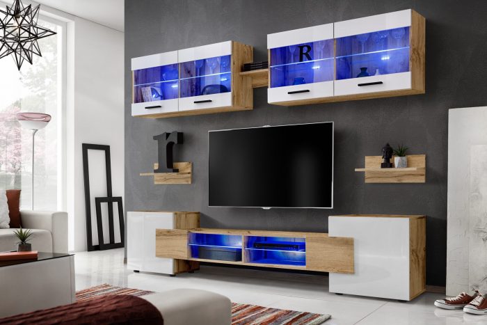 Zestaw Mebli RTV Foggia, Biały/Wotan Oświetlenie LED Niebieskie - obrazek 2