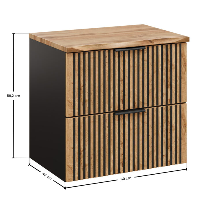 Szafka wisząca pod umywalkę z blatem TILO - czarny korpus - frezowane fronty w kolorze dąb Wotan - 2 szuflady - 60 x 60 x 46 cm - obrazek 2