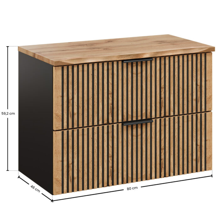 Szafka wisząca pod umywalkę z blatem TILO - czarny korpus - frezowane fronty w kolorze dąb Wotan - 2 szuflady - 80 x 60 x 46 cm - obrazek 2