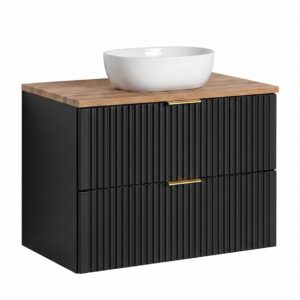 Szafka wisząca z umywalką i blatem ADEN - czarna - blat w kolorze dąb Wotan - 2 szuflady - 80 x 75 x 46 cm