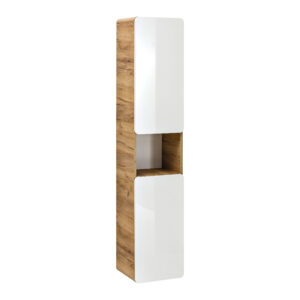 Wysoka szafka wisząca do łazienki ARVIDA - kolor dębowy - biały front - 2 drzwi - zaokrąglone rogi - 35 x 170 x 35 cm
