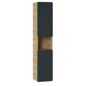 Wysoka szafka wisząca do łazienki ARVIDA - kolor dębowy - szary front - 2 drzwi - zaokrąglone rogi - 35 x 170 x 35 cm