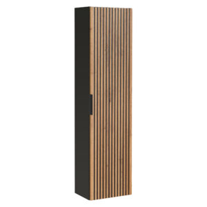 Wysoka szafka wisząca do łazienki TILO - czarny korpus - frezowane fronty w kolorze dąb Wotan - 35 x 140 x 25 cm