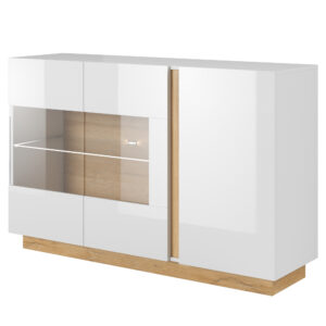 Komoda ANDEBU KOM1 - Dąb - Biały Mat i Połysk - Przeszklona