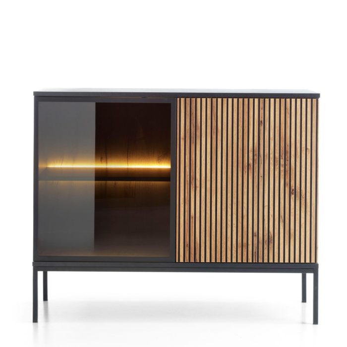 Laval K104 LED – komoda trzydrzwiowa z oświetleniem, czarny, dąb wotan, szerokość 104 cm, wysokość 83 cm, głębokość 39 cm - obrazek 2