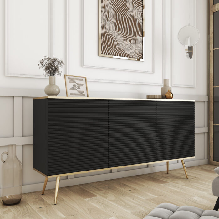 Kommode Banff K160 MDF - Czarny - Złote Nogi - Ryflowane Fronty - Szerokość 160 cm, Wysokość 85 cm, Głębokość 39 cm - obrazek 2