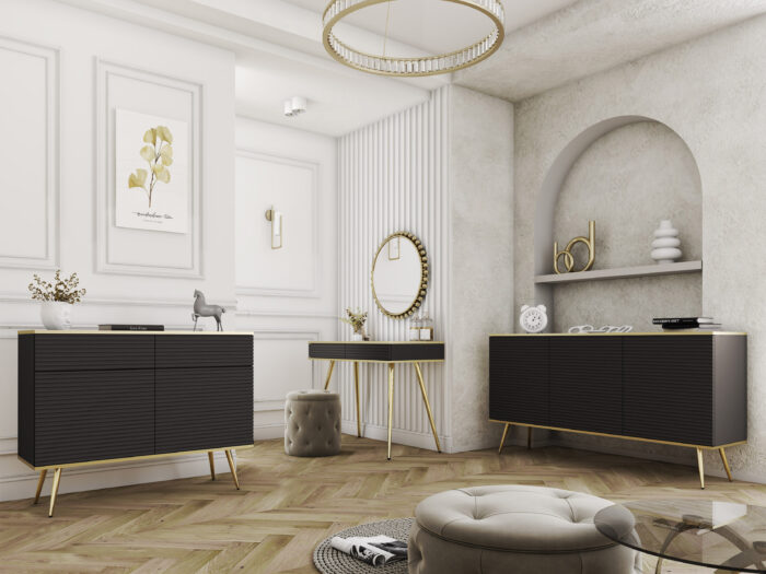 Kommode Banff K160 MDF - Czarny - Złote Nogi - Ryflowane Fronty - Szerokość 160 cm, Wysokość 85 cm, Głębokość 39 cm - obrazek 5