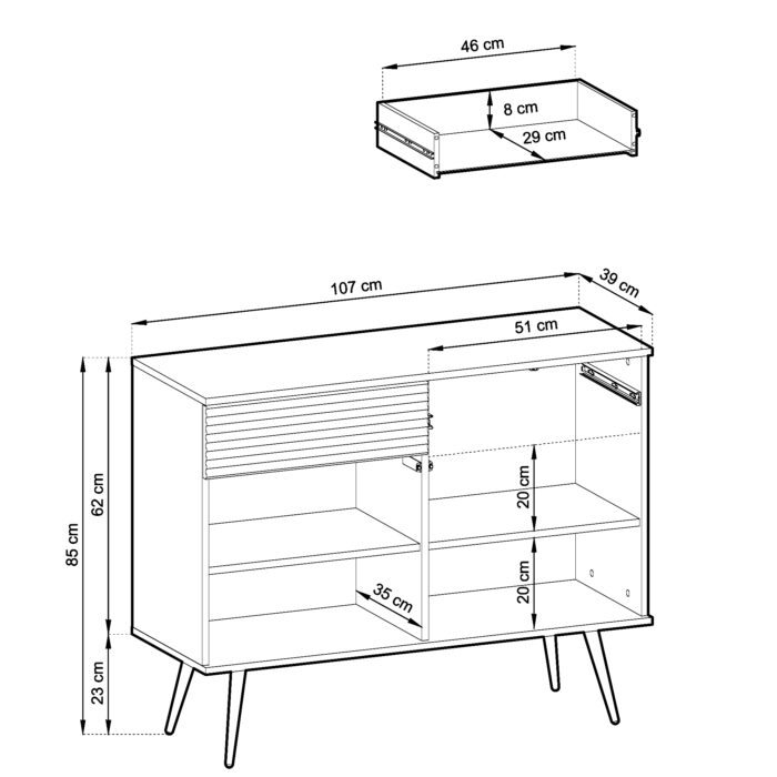 Komoda Banff KSZ107 - Biała - Złote Nogi - 2 Szuflady - Szerokość 107 cm, Wysokość 85 cm, Głębokość 39 cm - obrazek 3