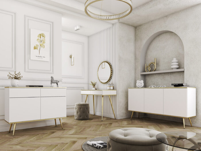 Komoda Banff KSZ107 - Biała - Złote Nogi - 2 Szuflady - Szerokość 107 cm, Wysokość 85 cm, Głębokość 39 cm - obrazek 5