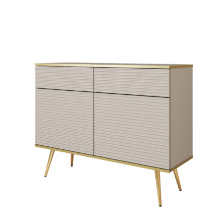 Commode Banff KSZ107 MDF - Beżowy - Złote Nogi - Ryflowane Fronty - 2 Szuflady - Szerokość 107 cm, Wysokość 85 cm, Głębokość 39 cm