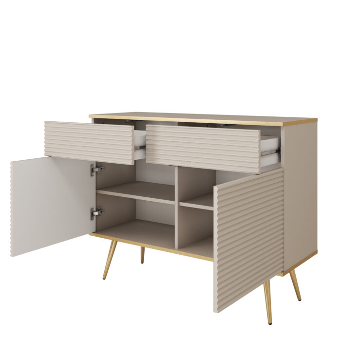 Kommode Banff KSZ107 MDF - Biały - Złote Nogi - Rylcowane Fronty - 2 Szuflady - Szerokość 107 cm, Wysokość 85 cm, Głębokość 39 cm - obrazek 4