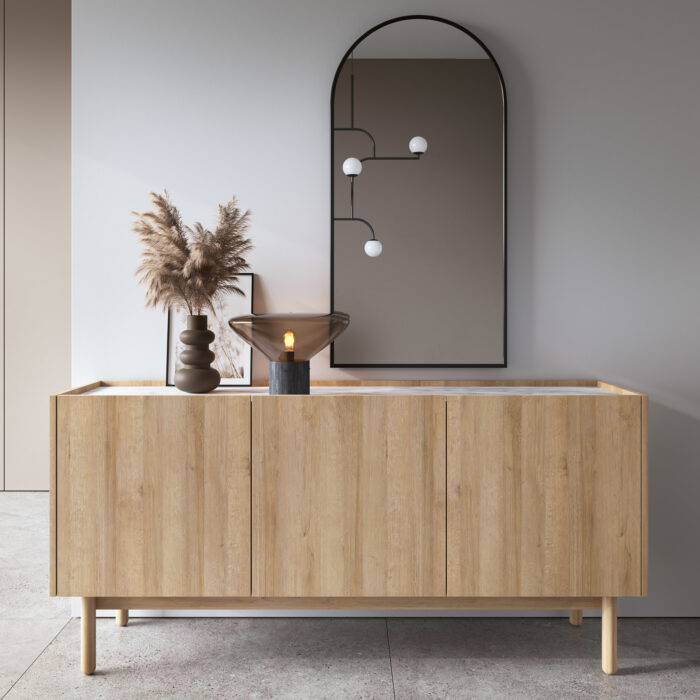 Komoda Revelstoke K144 – dąb – biały marmur – drewniane nogi – mat – szerokość 144 cm, wysokość 68 cm, głębokość 37 cm - obrazek 2