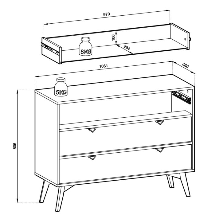 Komoda TOFINO - dąb - zielony - metalowe uchwyty - drewniane nogi - 3 szuflady - szerokość 106 cm, wysokość 80 cm, głębokość 38 cm - obrazek 3