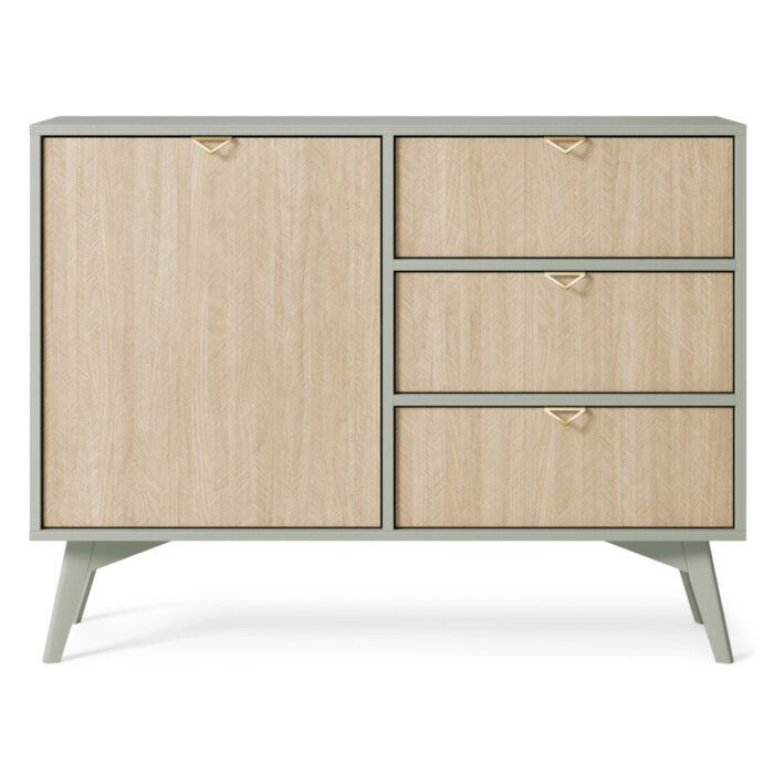 Komoda TOFINO - dąb - zielony - metalowe uchwyty - drewniane nogi - 3 szuflady - szerokość 106 cm, wysokość 80 cm, głębokość 38 cm - obrazek 8