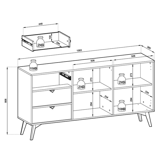 Komoda TOFINO - dąb - beżowy - metalowe uchwyty - 3 szuflady - szerokość 158 cm, wysokość 80 cm, głębokość 38 cm - obrazek 3